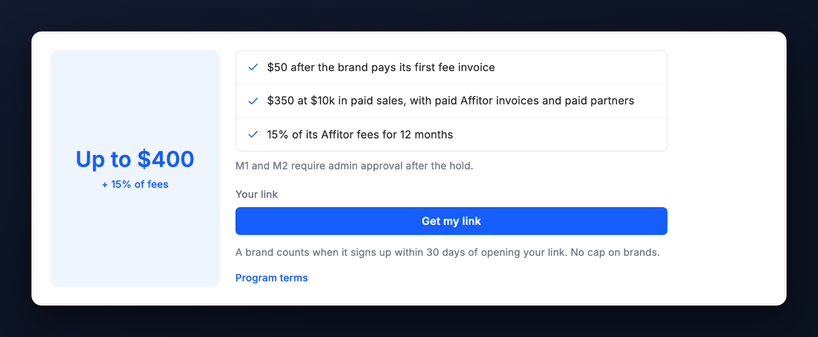 Referrals with the three reward lines, the approval note and Get my link