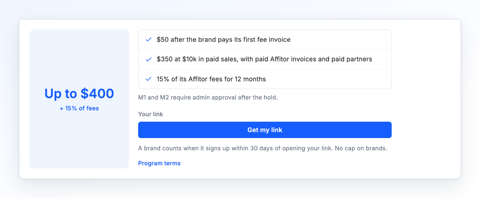 Referrals with the three reward lines, the approval note and Get my link